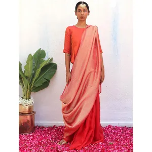 Chidiyaa Red Eknoor Abhati Handwoven Linen Zari Saree without Blouse