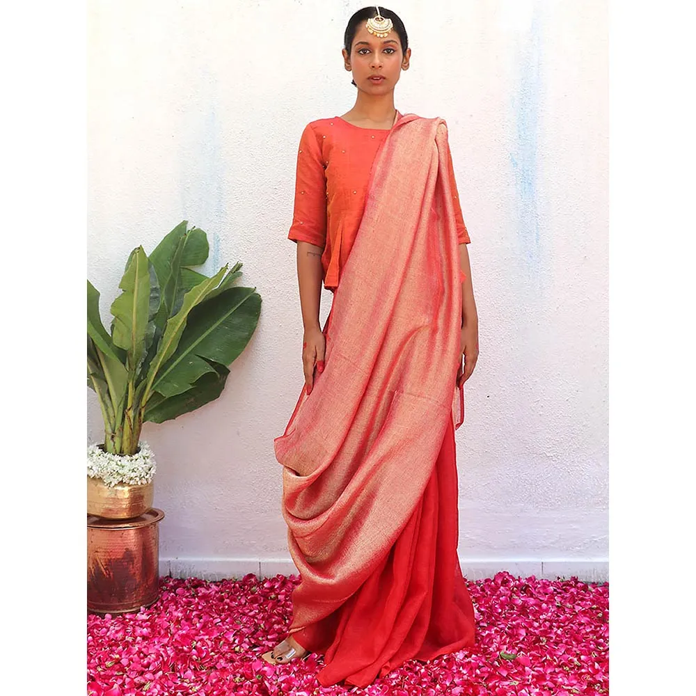 Chidiyaa Red Eknoor Abhati Handwoven Linen Zari Saree without Blouse