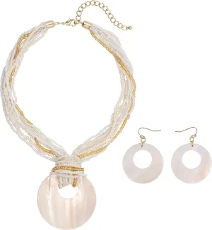 Coiris Multi Strand Statement Colorful Beaded Necklace with Big Circle Shell Pendant for Women