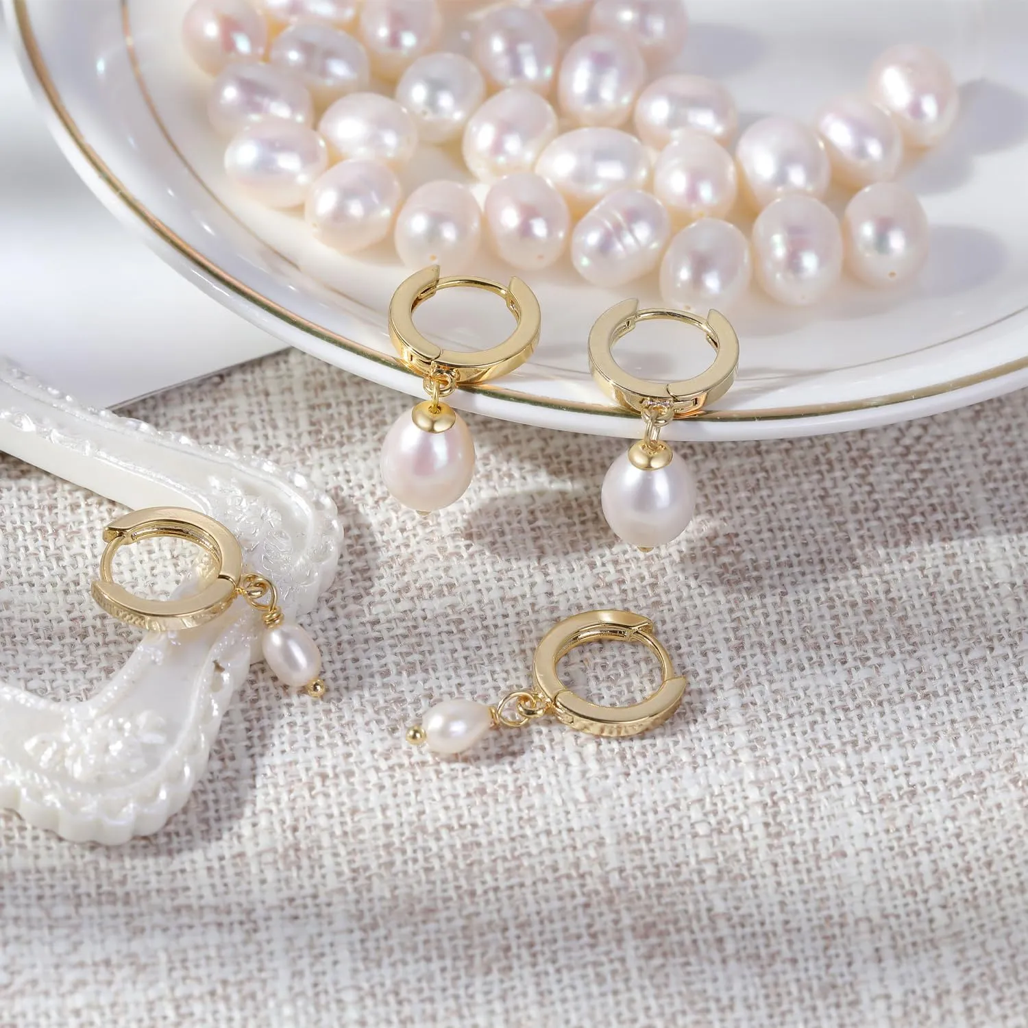 Fiusem Pearl Drop Earrings for Women, 14K Gold Plated Small Huggie Hoops with Pearl Dangle Earring for Women
