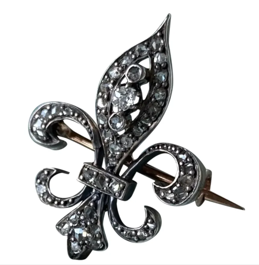 French Early Third Republic C. 1890 18ct Gold Silver Topped Diamond Fleur de Lys/Lis