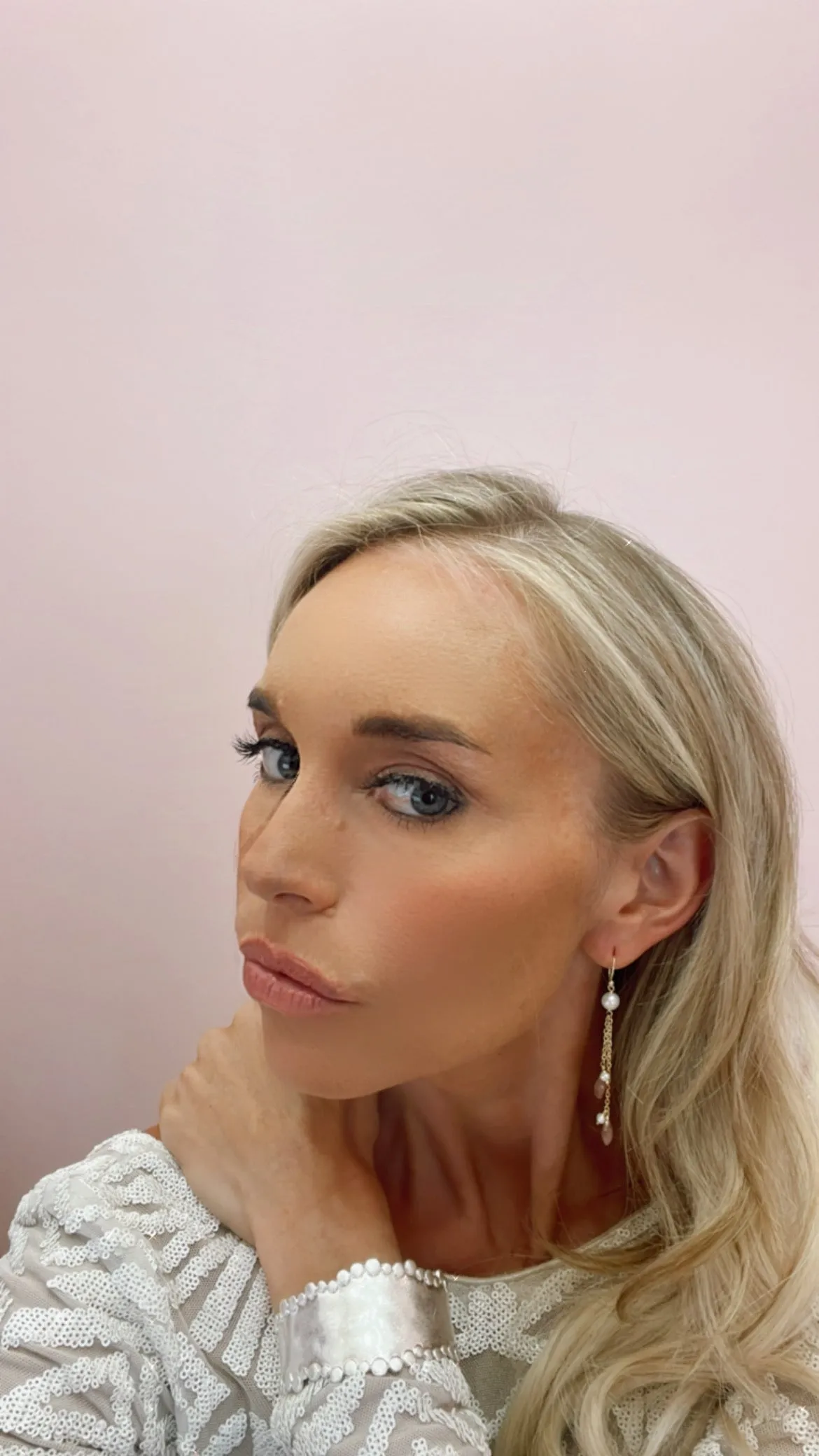 Gold Dangle Earrings with Gold Chain Strands with Cherry Quartz and Pearl Drops