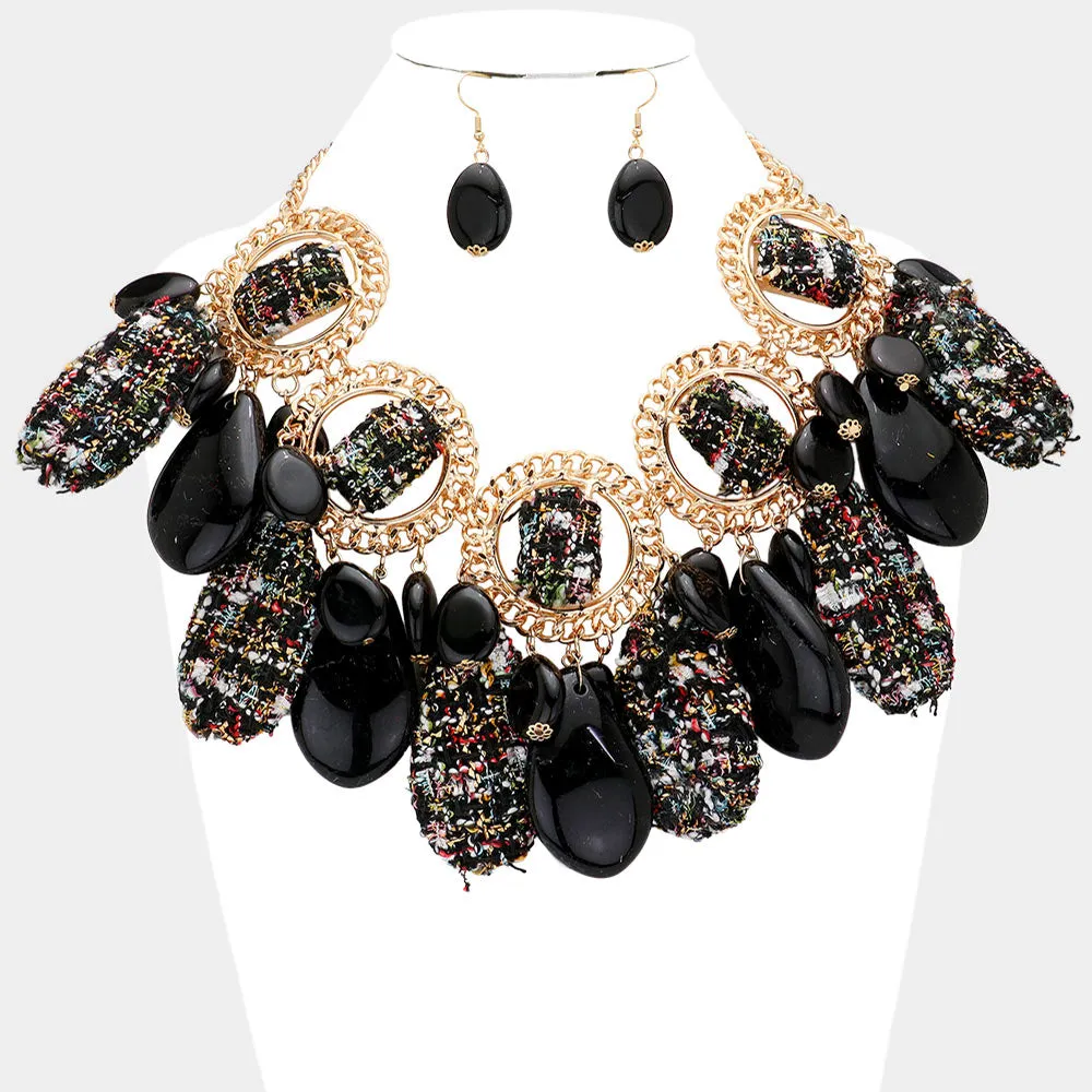 iLLASPARKZ Chunky Glass Stone Tweed Covered Stone Layered Statement Necklace