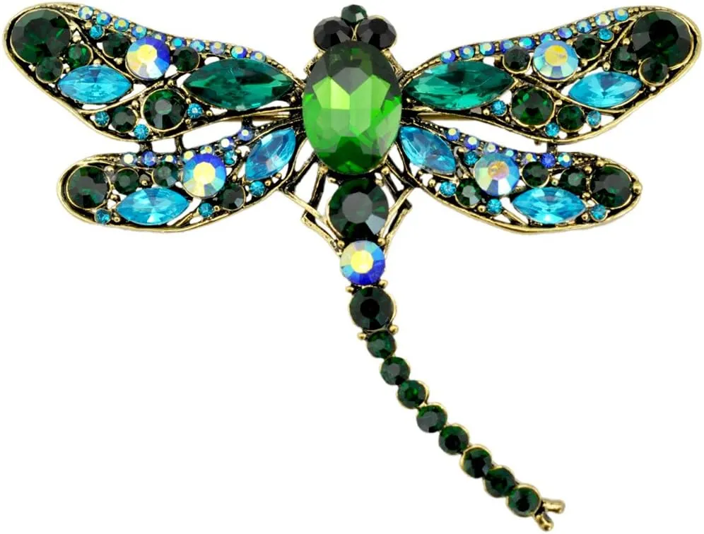 SELOVO Dragonfly Big Large 3in Statement Animal Brooch Pin Antique Gold Tone